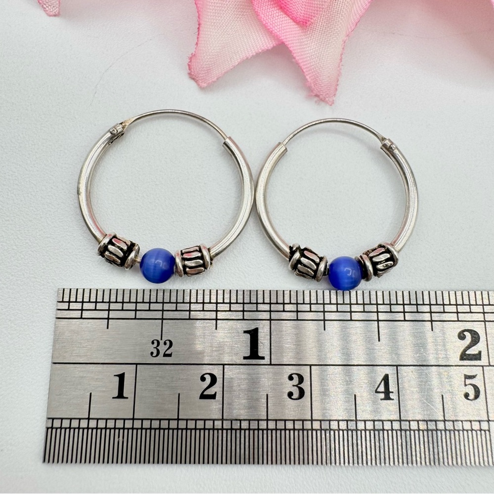 Bali Style Sterling Silver Blue Cat’s Eye Bead Hoop Earrings Tested Bohemian - Picture 3 of 6
